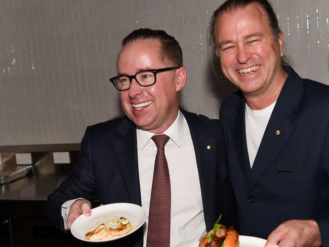 Qantas chief executive Alan Joyce with chef Neil Perry. Picture: AFP