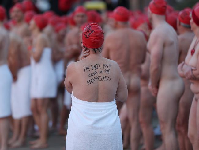 One of the bathers lining up for the Nude Swim at Long Beach in Sandy Bay. Picture: SAM ROSEWARNE.