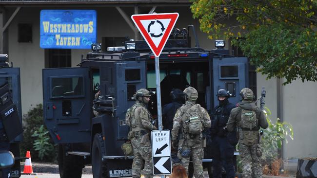 Armed Police are seen outside the Westmeadows Tavern on March 2. Picture: James Ross