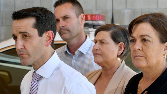 Premier David Crisafulli with Member for Townsville Adam Baillie, Member for Mundingburra Janelle Poole and Member for Thuringowa Natalie Marr at the Townsville Police Station. Picture: Evan Morgan