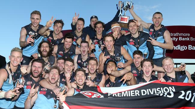 Aberfeldie celebrate their grand final victory over Greenvale on September 16, 2017. Picture: Hamish Blair