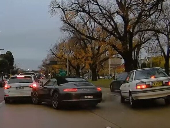 A Porsche collided with a Toyota Corolla in Melbourne on Friday. Picture: Facebook/Dash Cam Owners Australia