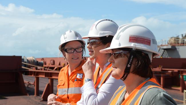 Premier Annastacia Palaszczuk (centre) with Mackay MP Julieanne Gilbert in Mackay demanding a timeline to get Adani rolling. Picture: Caitlan Charles