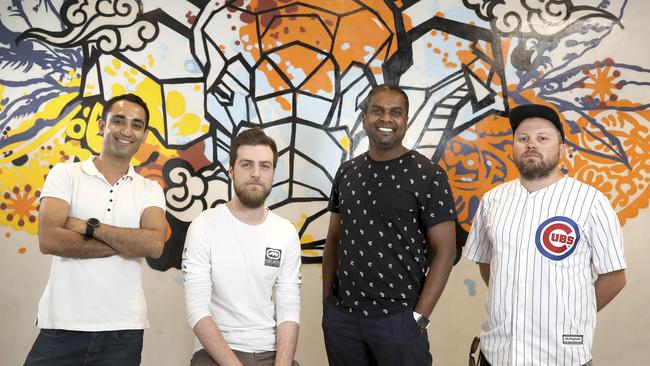 MasterChef’s Sashi Cheliah, second from right, with staff members at the opening of Pirie St restaurant Gaja by Sashi in November 2019. Picture: Dean Martin/AAP Image