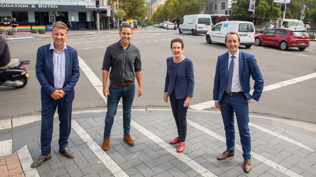 At the time of the project’s announcement, former Transport Minister Andrew Constance, Lord Mayor Clover Moore (second-right), Sydney NSW MP Alex Greenwich and former Wentworth MP Dave Sharma