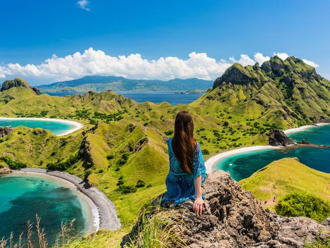 Taking in the views from Padar Island in the Komodo archipelago, Indonesia. Picture: Alamy