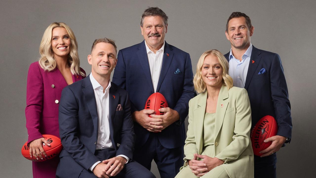 Abbey Holmes, Joel Selwood, Brian Taylor, Erin Phillips and Luke Hodge with Channel 7 in 2024. Picture: Channel 7/Supplied.