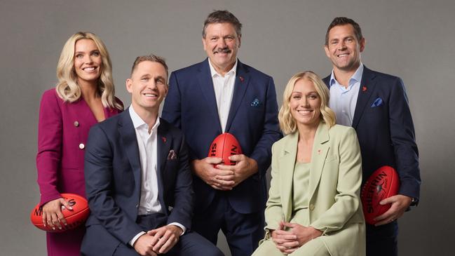 Abbey Holmes, Joel Selwood, Brian Taylor, Erin Phillips and Luke Hodge with Channel 7 in 2024. Picture: Channel 7/Supplied.