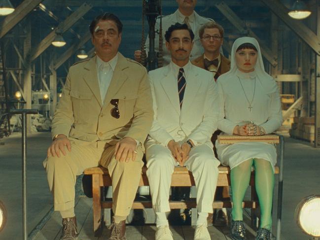 Benicio Del Toro, Riz Ahmed, Michael Cera and Mia Threapleton in The Phoenician Scheme.