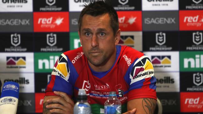 NEWCASTLE, AUSTRALIA - MARCH 28: Mitchell Pearce of the Knights during the press conference during the round three NRL match between the Newcastle Knights and the Wests Tigers at McDonald Jones Stadium on March 28, 2021, in Newcastle, Australia. (Photo by Ashley Feder/Getty Images)