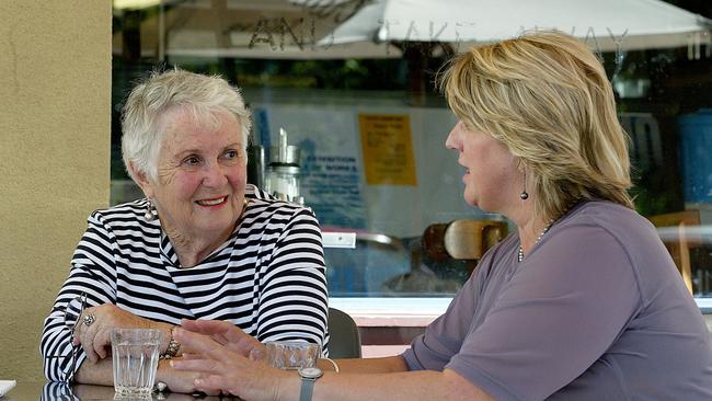 Margaret Fulton, left, in discussion with Judith Sweet at Salamanca during a visit to Hobart. Picture: TONY PALMER