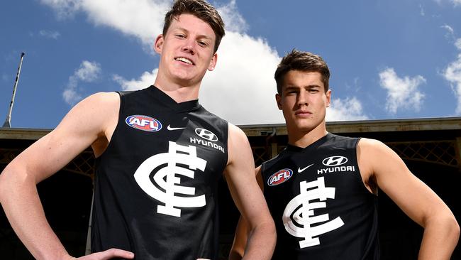 Carlton’s two 2018 first-round draft picks, No. 1 Sam Walsh (left) and No. 19 Liam Stocker. Picture: QUINN ROONEY (Getty Images)