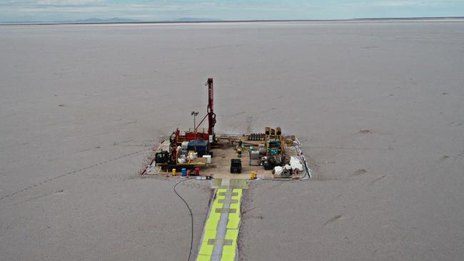 Orpheus Uranium’s Murdie exploration drill on the bed of Lake Torrens in South Australia’s northeast.