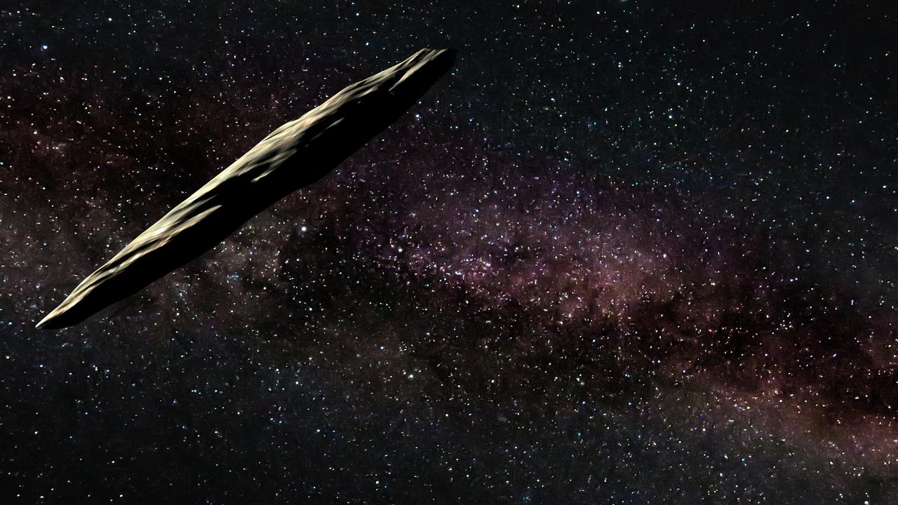 Image capture showing an artist’s interpretation of ‘Oumuamua as it approaches our Solar System. The object rotates approximately once every 7.4 hours based on the data used in this research. Picture: Gemini Observatory/AURA/NSF image by Joy Pollard