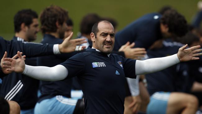 Argentina’s Mario Ledesma stretches at the 2011 Rugby World Cup in Wellington.