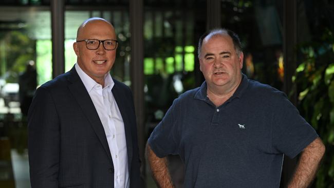 Peter Dutton with journalist Michael Madigan for High Steaks. Picture: Lyndon Mechielsen/Courier Mail