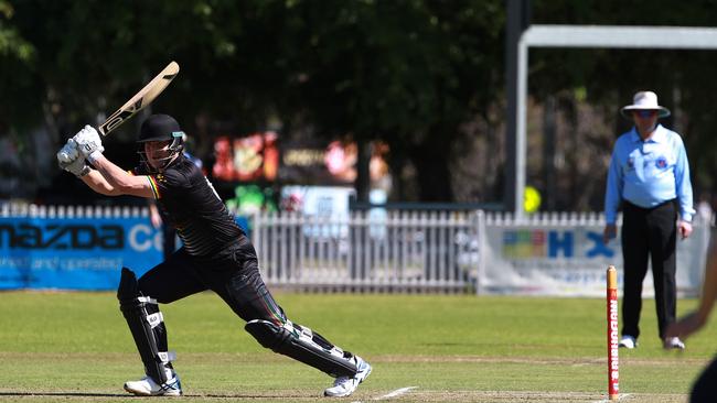 Michael Castle in action. Penrith v Parramatta one-day cricket game at Howell Oval in Penrith.