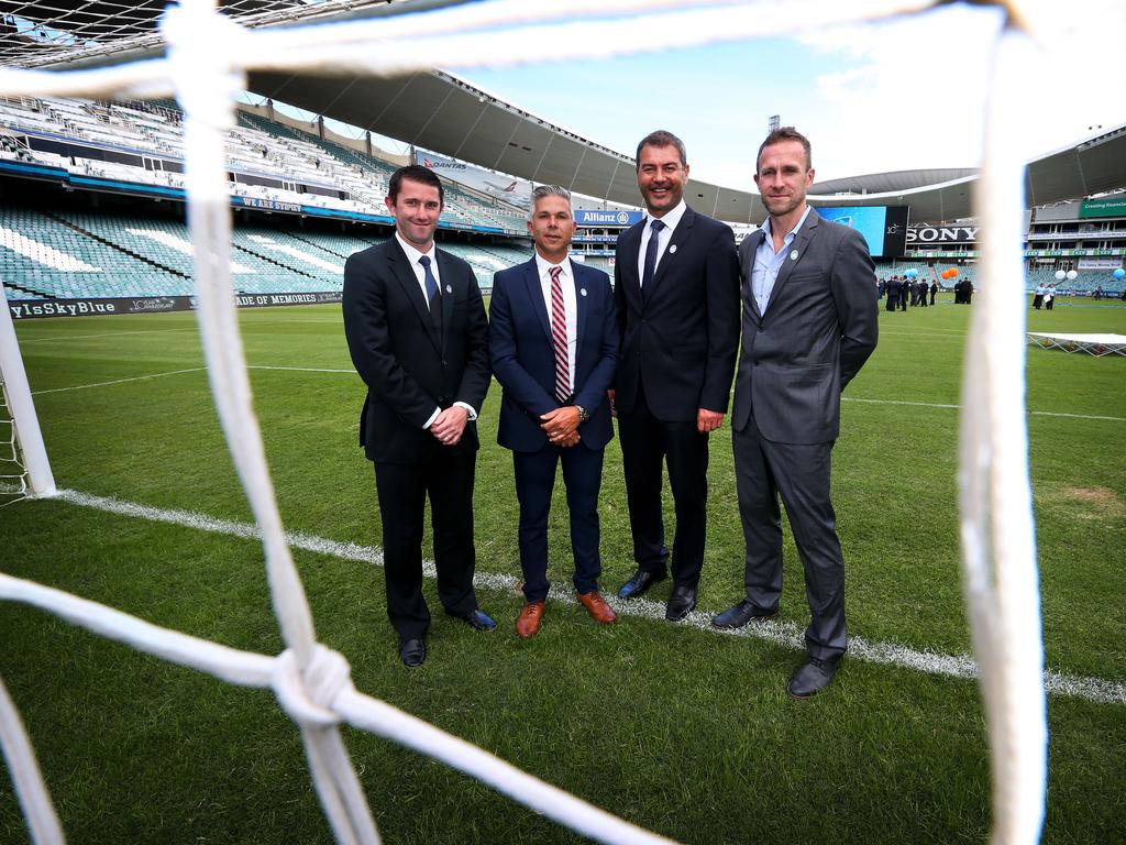 Steve Corica (second from left) and Marko Rudan (second from right) were inaugural Sydney FC Hall of Fame members. Picture: Richard Dobson