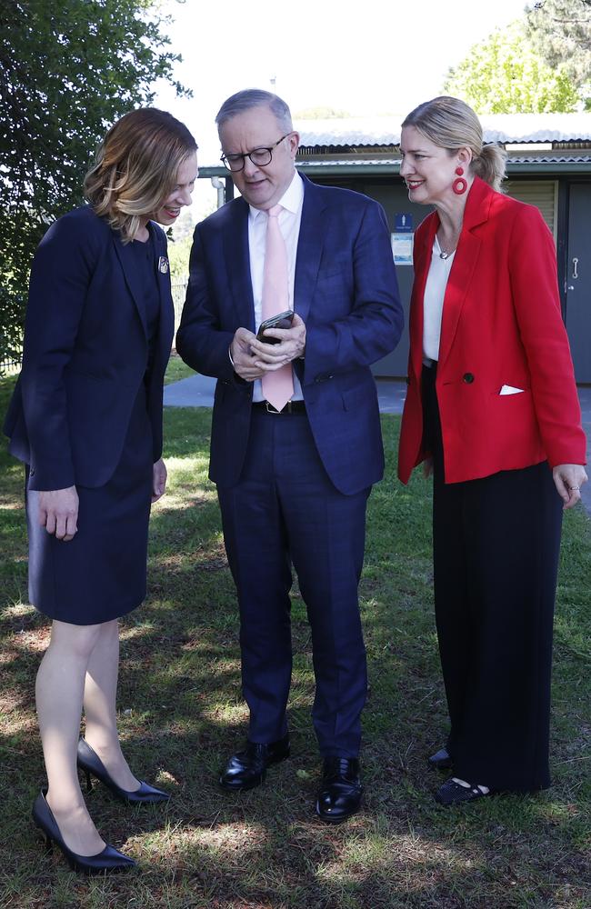 Labor candidate for Lyons Rebecca White, Prime Minister Anthony Albanese, Minister Julie Collins. Prime Minister Anthony Albanese in Sorell to announce Rebecca White former state leader of Labor as the Lyons Labor candidate for the next federal election. Picture: Nikki Davis-Jones