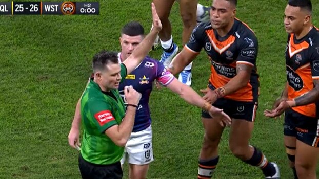 Wests Tigers were denied a win after the bunker ruled an escort play that gave the Cowboys a penalty. Photo: Fox Sports