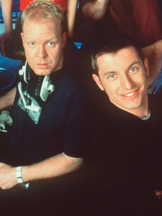 Helliar with Rove McManus on the set of Rove in 1999. (Picture: Supplied)