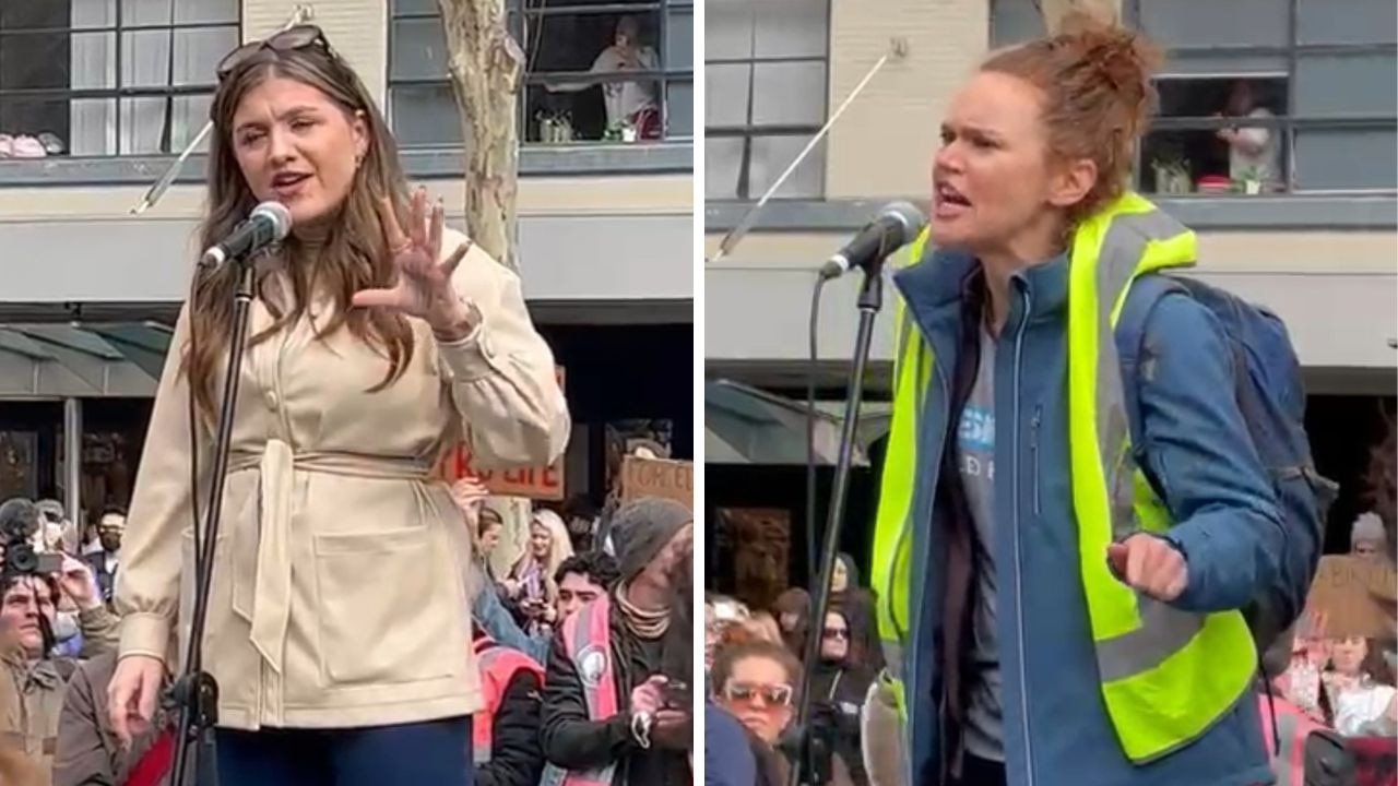 Sex history researcher Esme James and frontline health worker Cecilia Judge address the crowds in Melbourne. Picture: Chantelle Francis/ news.com.au