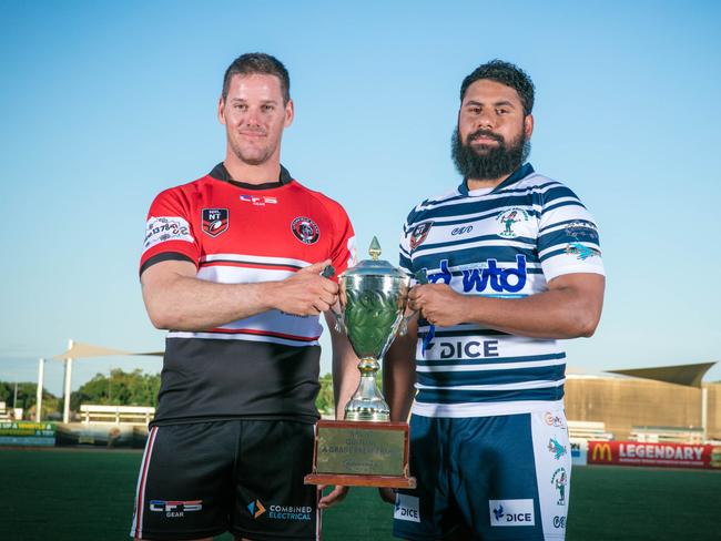 Litchfield’s Luke Mahood and Brothers' Aaron Pollard at the 2021 NRL NT season launch. Picture: Glenn Campbell