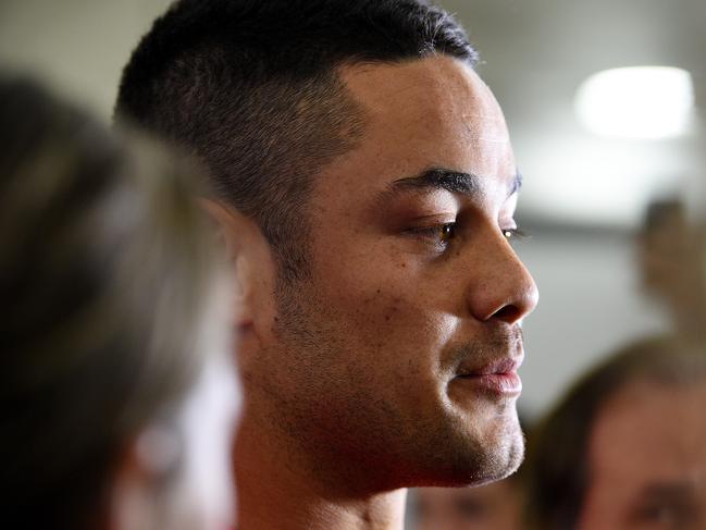 Former NRL player Jarryd Hayne speaks to the media on his arrival at Sydney International Airport, in Sydney, Wednesday, Jan. 6, 2016. Hayne has completed a season with the San Francisco 49ers American NFL team, after quitting rugby league and signing a contract to play in the NFL last year. (AAP Image/Dan Himbrechts) NO ARCHIVING