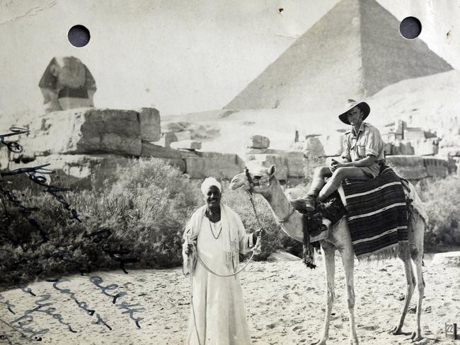 Different war, same spot ... Aussies continued to visit the Egyptian sites during the Second World War. Here soldier Bob Clark poses in a postcard sent home when he was on leave after Tobruk.