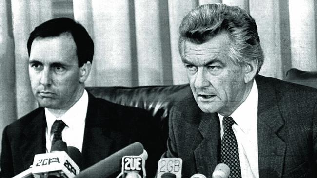 Bob Hawke and Paul Keating during a 1983 press conference at Parliament House, Canberra.