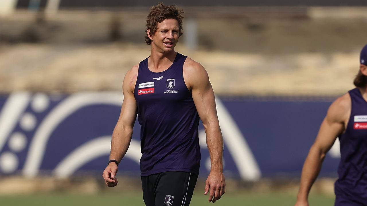 Nat Fyfe looks on during a Fremantle Dockers AFL training session. Picture: Paul Kane/Getty Images