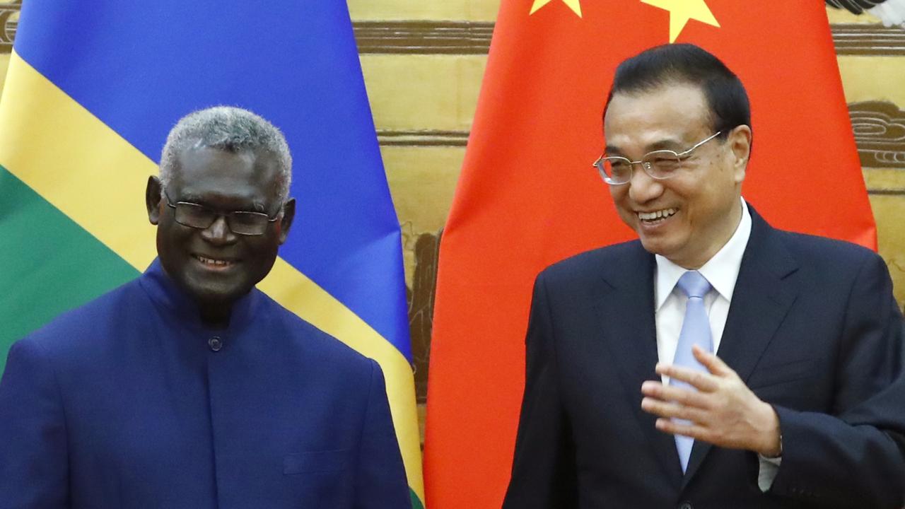 Solomon Islands Prime Minister Manasseh Sogavare and Chinese Premier Li Keqiang. Picture: Thomas Peter-Pool/Getty Images