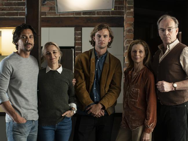 Love Me Season 2  cast members, (L-R) Bob Morley, Bojana Novakovic, William Lodder, Heather Mitchell and Hugo Weaving. Picture: Supplied by Binge