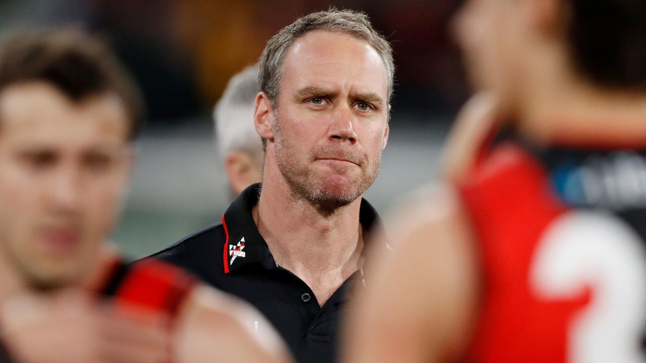 MELBOURNE, AUSTRALIA - AUGUST 20: Ben Rutten, Senior Coach of the Bombers looks on during the 2022 AFL Round 23 match between the Essendon Bombers and the Richmond Tigers at the Melbourne Cricket Ground on August 20, 2022 in Melbourne, Australia. (Photo by Dylan Burns/AFL Photos via Getty Images)