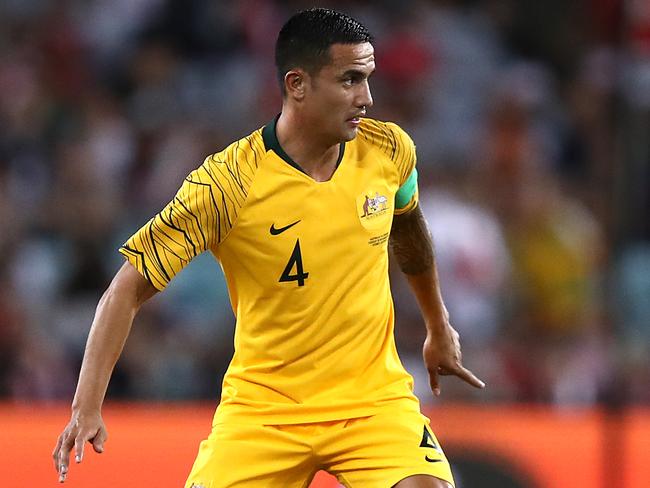 Tim Cahill after coming on for his final match for the Socceroos in Sydney on Tuesday night. Picture: Getty Images