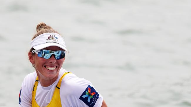 LINZ, AUSTRIA - AUGUST 29: Sarah Hawe of Australia celebrates after the Women's Four semi final race in which they qualify their boat for the Tokyo 2020 Olympic Games during Day Five of the 2019 World Rowing Championships on August 29, 2019 in Linz-Ottensheim, Austria. (Photo by Naomi Baker/Getty Images)