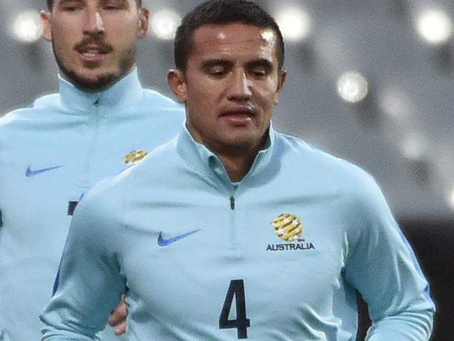 Socceroos player Tim Cahill (right) is seen during a training session at Adelaide Oval, Wednesday, June 7 2017. Australia face Saudi Arabia in a crucial World Cup qualifier on Thursday in Adelaide. (AAP Image/David Mariuz) NO ARCHIVING