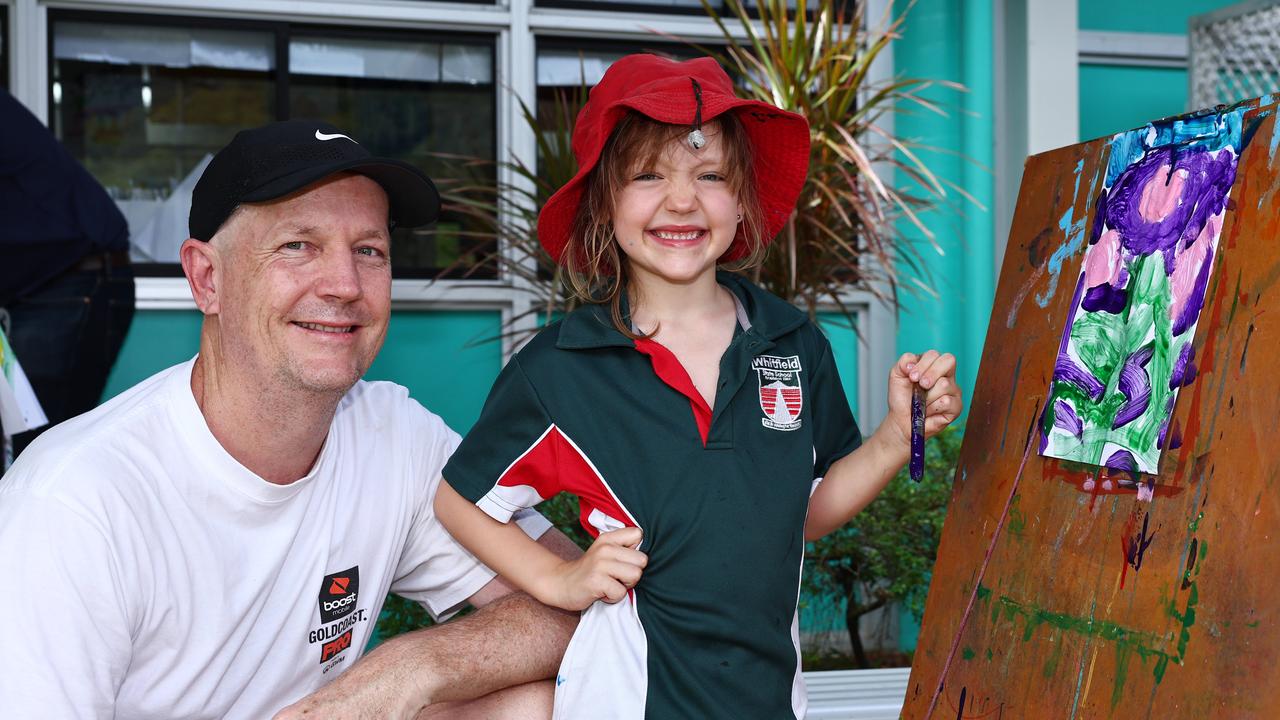 Paul Bowtell with his daughter Elsie Bowtell, 5, at the Whitfield State School Father's Day activity afternoon. Picture: Brendan Radke