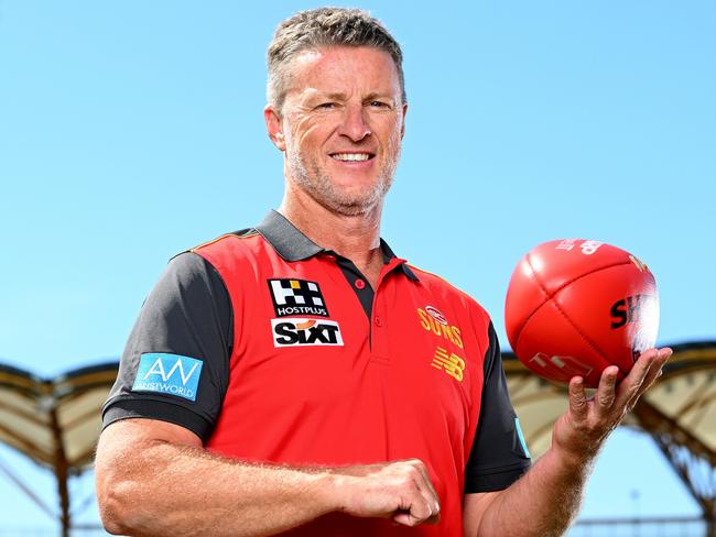 GOLD COAST, AUSTRALIA - AUGUST 21: Damien Hardwick poses for a photo after a Gold Coast Suns AFL press conference announcing the signing of their new coach at Heritage Stadium on August 21, 2023 in Gold Coast, Australia. (Photo by Bradley Kanaris/Getty Images)