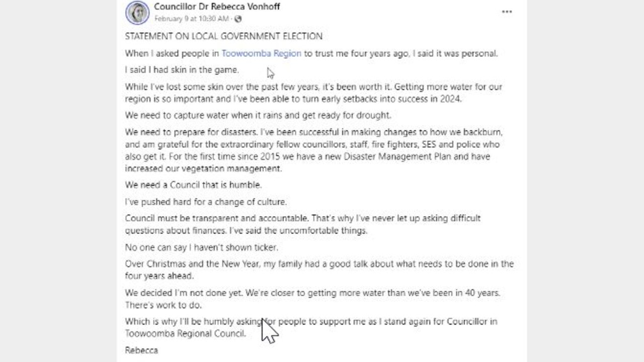 Toowoomba Councillor Dr Rebecca Vanhoff was reportedly 