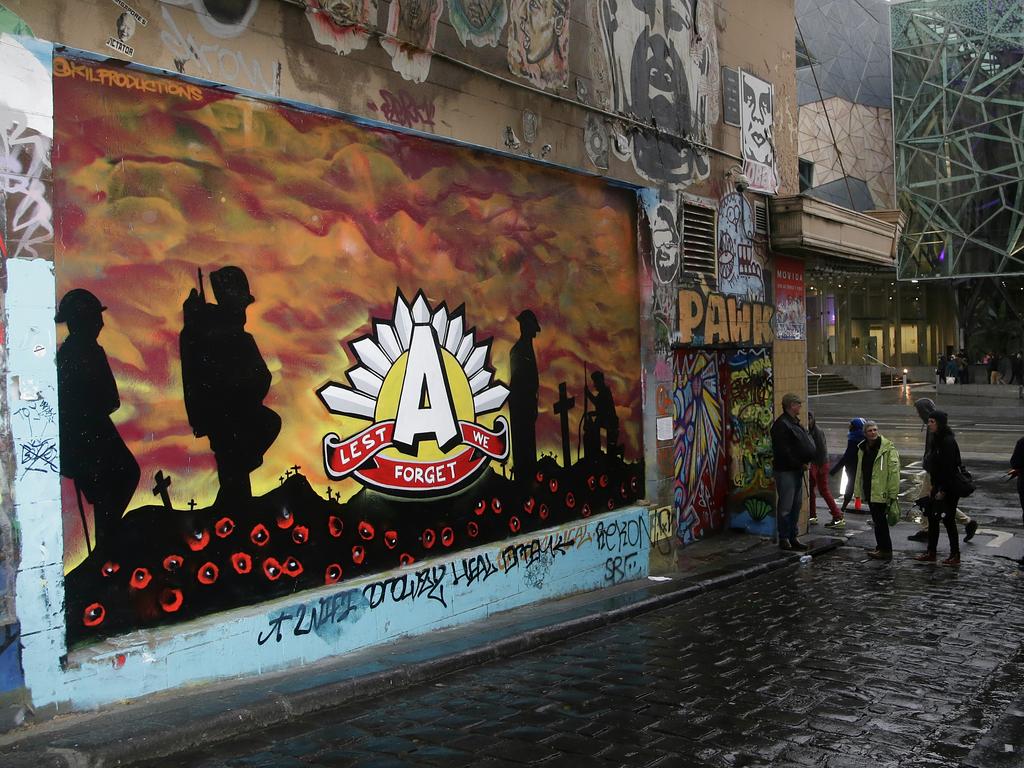 ANZAC street art in Hosier Lane ahead of the ANZAC DAY March on Saturday, April 25, 2015, in Melbourne, Australia. Picture: Hamish Blair