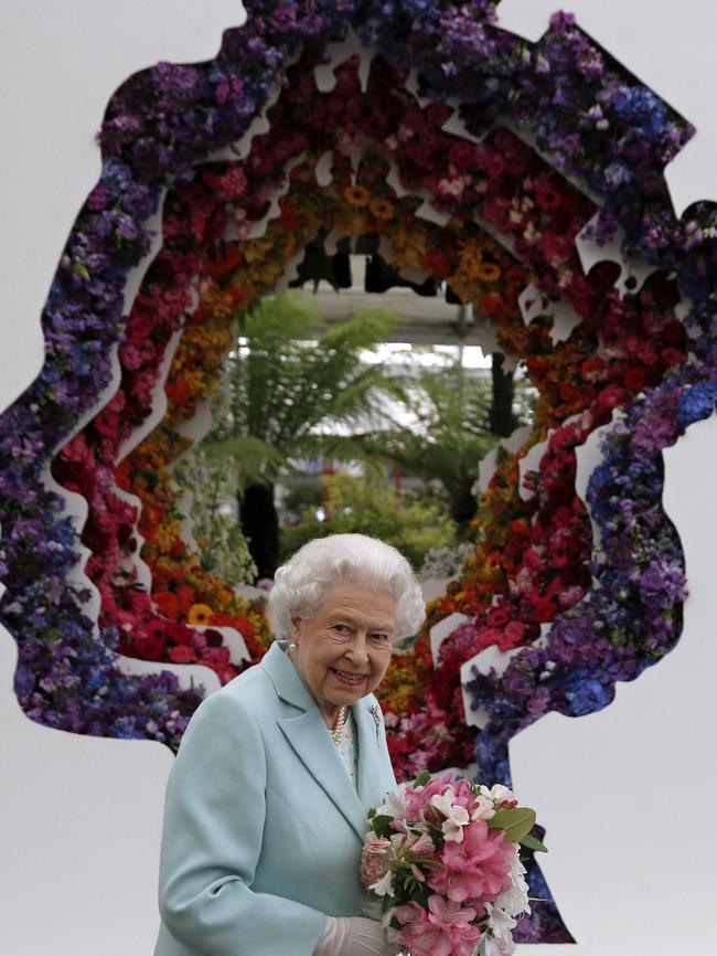 Britain's Queen Elizabeth is featured in a floral display. Picture: Adrian Dennis/Pool Photo via AP