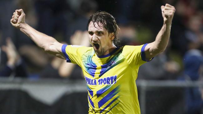 Greg Henslee scores for Brisbane Strikers against Melbourne City in a FFA cup match. The Brisbane soccer club has received funding from the Clem Jones Estate. Picture: Jono Searle