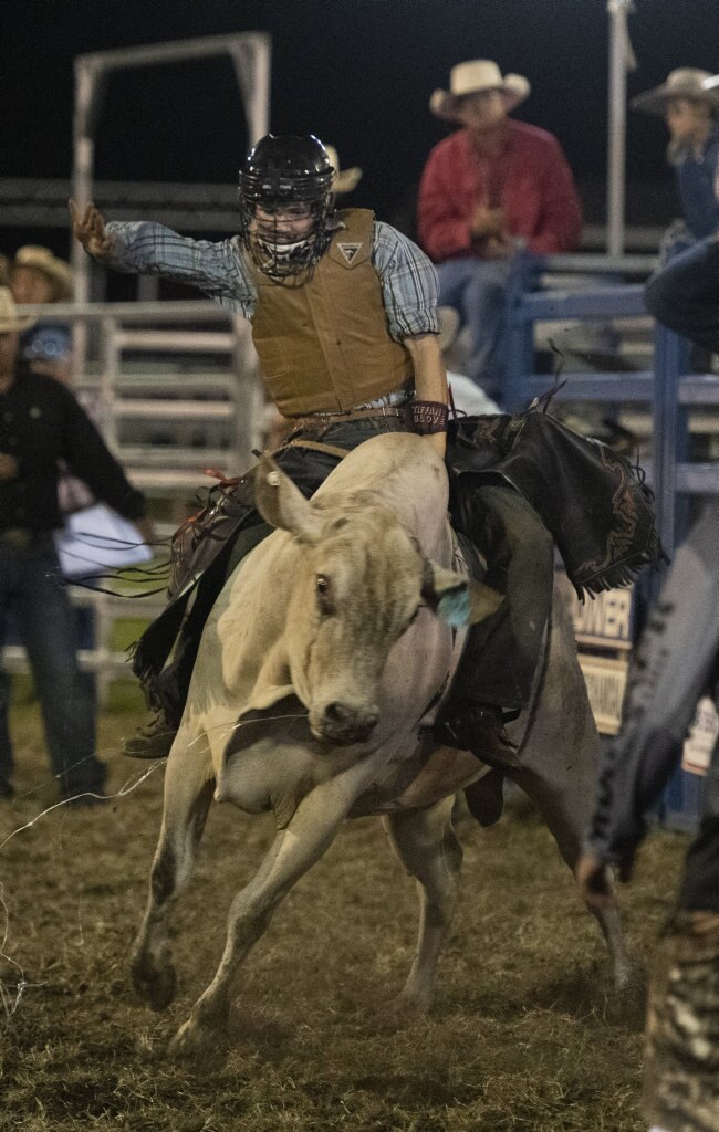 Matt Hollis concentrates in his junior bullride at the Lawrence Twilight Rodeo. Picture: Adam Hourigan