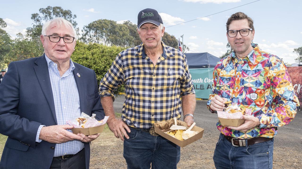 TRC Mayor Paul Antonio, Stuart Armitage and Cr Geoff McDonald. Meatstock 2023 at Toowoomba Showgrounds. Friday, April 14, 2023. Picture: Nev Madsen.