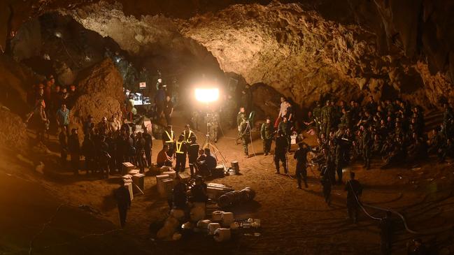 Inside mission control of the Tham Luang cave rescue. Picture: AFP