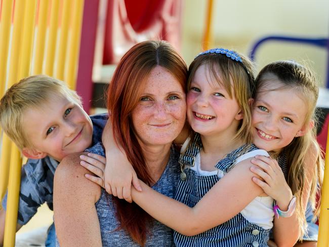 Leah Bliesner with children Slade, 7, Jazlynn, 5, and Dakota-Rose, 9, in Wandoan. Picture: Paul Beutel