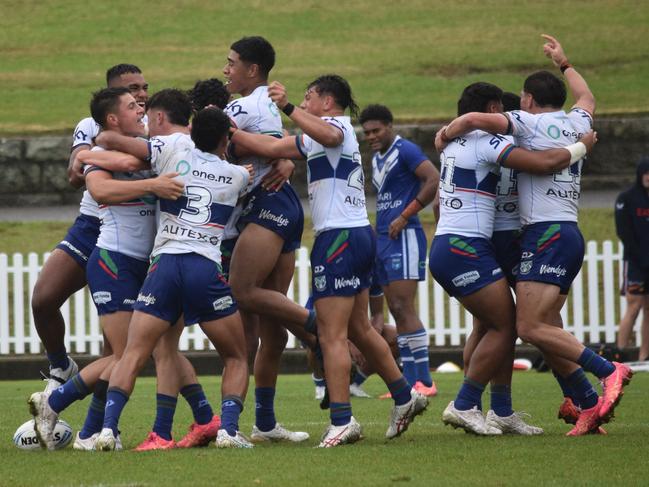 There were scenes of jubilation from the Warriors after their win. Picture: Sean Teuma