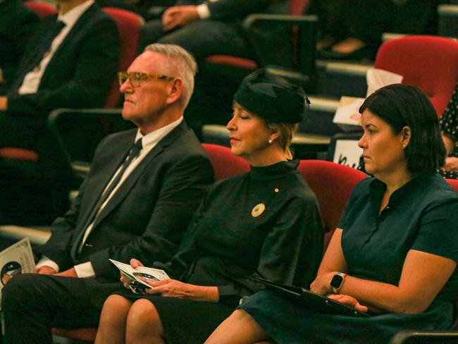 Chief Minister Natasha Fyles ,The Hon Vicki O’Halloran Administrator and her husband Craig as prominent Darwin businessman Jape Kong Su is farewelled at a public memorial at the Darwin Convention Centre. Picture: Glenn Campbell