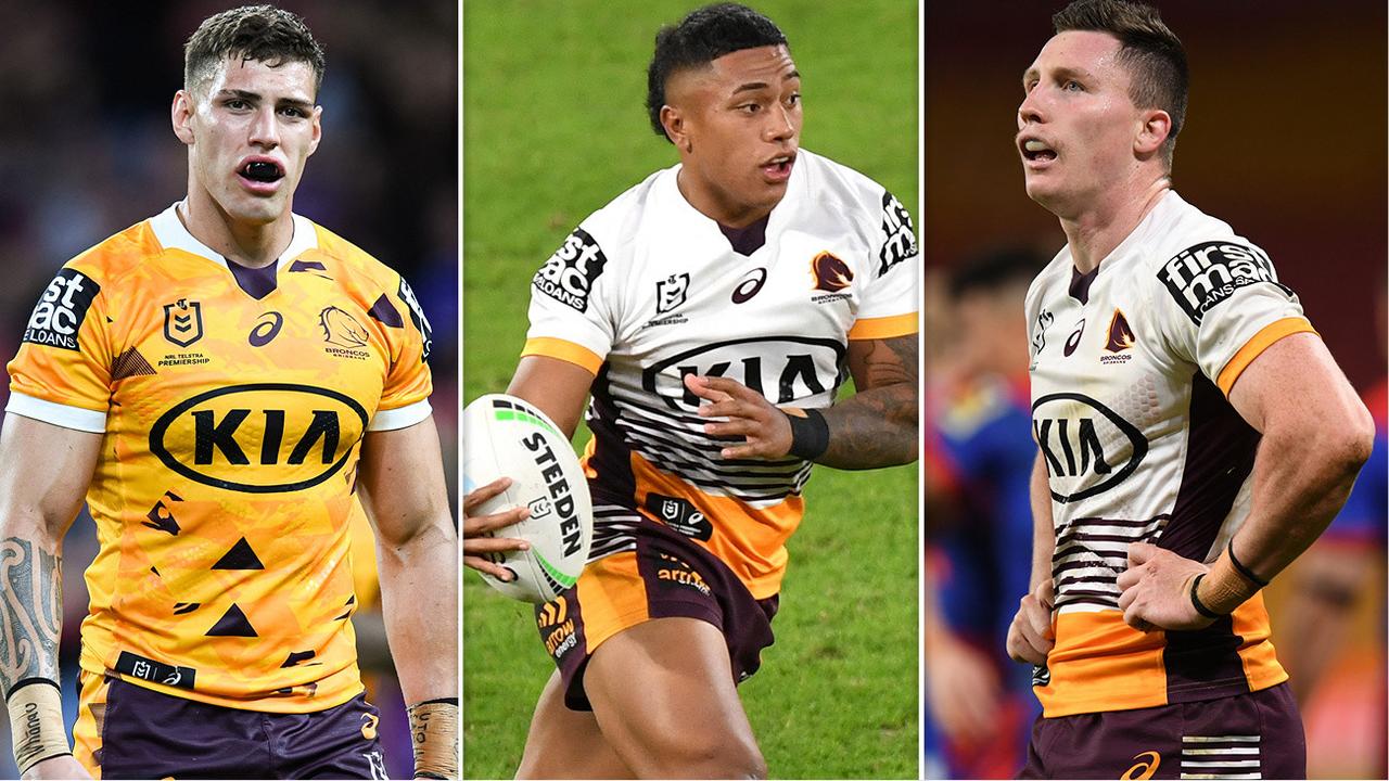 Jordan Riki, Tesi Niu and Tyson Gamble were targeted by trolls following Brisbane’s 28-20 loss to Newcastle. Pictures: NRL Photos